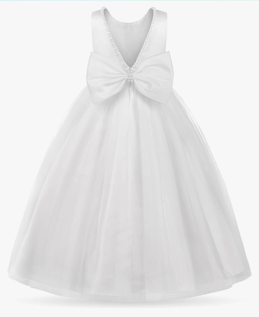 Uhnice Flower Girl Pearls Dress V-Back Tulle Ball Gown Satin Prom with Bow-Knot for Wedding Pageant Birthday Party, 12Y Uhnice Flower Girl Pearls Dress V-Back Tulle Ball Gown Satin Prom with Bow-Knot for Wedding Pageant Birthday Party, 12Y