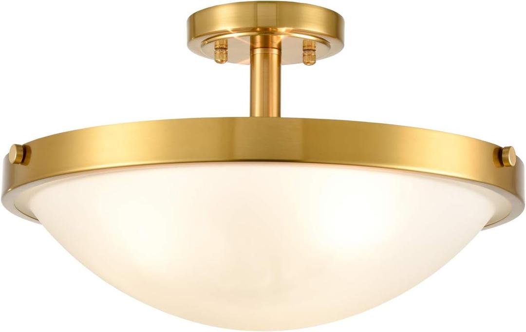 SAMTEEN 16-Inch Gold Semi Flush Mount Ceiling Light Mid Century Modern 3-Light Milk Glass Ceiling Light Brass Glass Flush Mount Light Fixtures for Bedroom Hallway Staircase