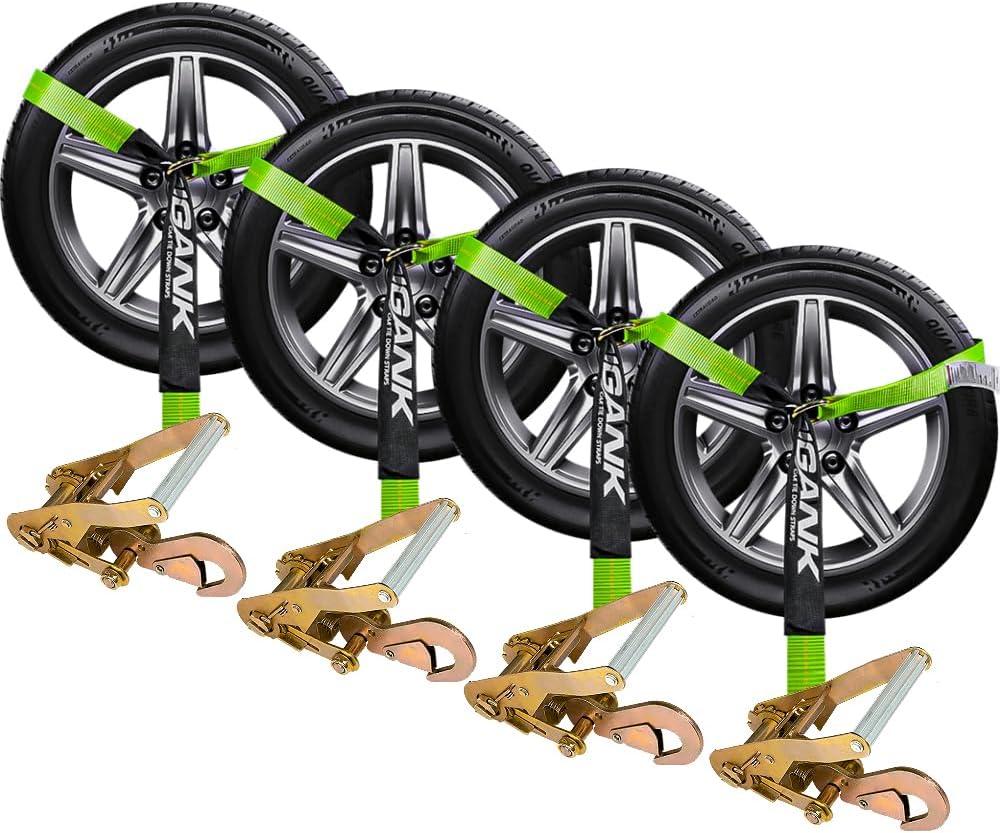 Car Tie Down Straps for Trailers- 4 Pack 2"x96" with Tire Strap 3,300lb Safe Working Load - Adjustable Straps with Snap Hooks (Green)