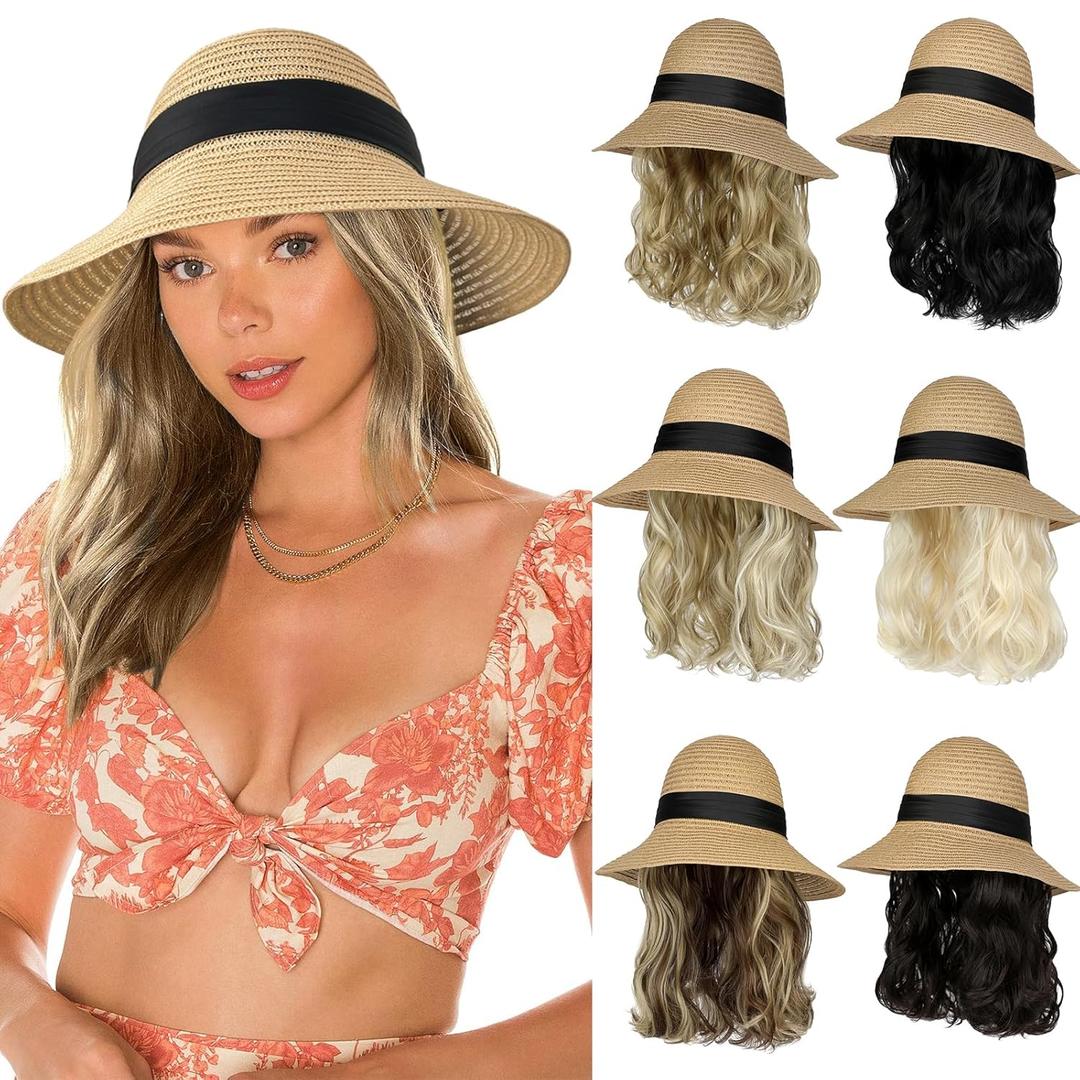 Sun Hat with Hair Extensions Hat Wig UPF 50+ Foldable Wide Brim Straw Beach Hat Attached 9" Wavy Hairpiece Synthetic for Women Summer Dark Brown