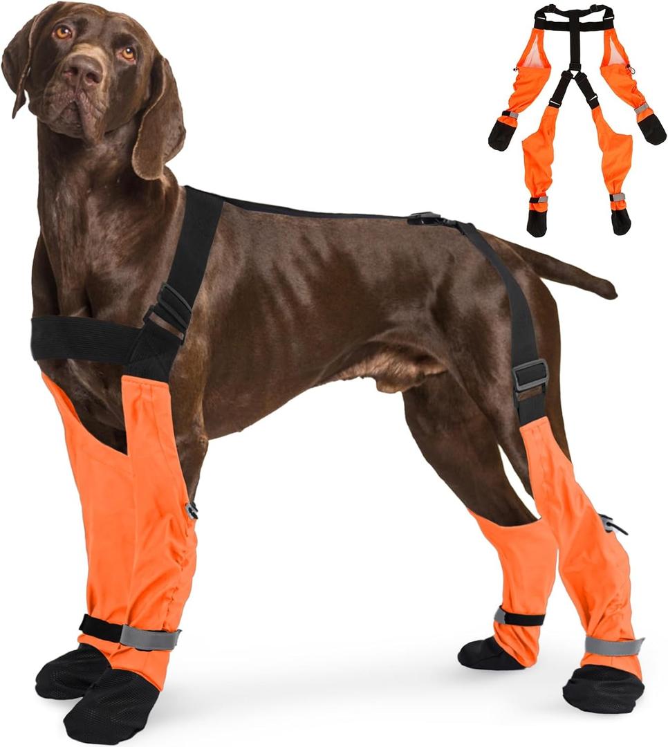 Adjustable Dog Suspender Boots & Hiking Shoes, Waterproof Winter Snow Gear Boots with Anti-Slip Sole, Reflective Snowsuit Design That Helps Stay On for Cold Weather Adventures (Orange, Large)