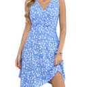 VIMPUNEC Summer Casual Elegant Dresses for Women Flowy Sun Dress Floral Fit and Flare Dress Blue Floral L (L)