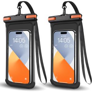 2 PCS Waterproof Phone Pouch, IPX8 Underwater Case for iPhone 15 14 13 Pro Max Plus, Galaxy S24 S23 Pixel 8a 7a Up to 8",Dry Bag for Beach Cruise Essentials, Black Orange