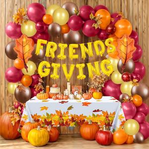 MEHOFOND Friendsgiving Party Decorations, Thanksgiving Harvest Balloons Garland Arch Kit, Fall Rustic Maples Wood Banner Tablecloth Happy Thanksgiving Day Fiesta Fall Pumpkin Themed Decor
