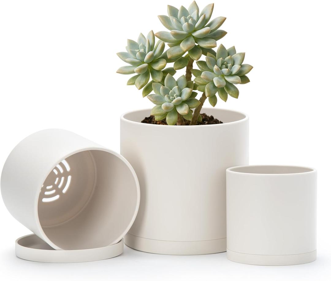 D'vine Dev 4 Inch 5 Inch 6 Inch, Set of 3 Plastic Planter Pots for Plants with Drainage Hole and Seamless Saucers, Oatmeal, Small, 74-V-H-1