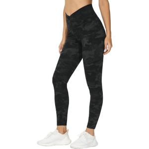 THE GYM PEOPLE Womens' V Cross Waist Yoga Leggings with High Waisted Tummy Control (Medium, Black Camo)