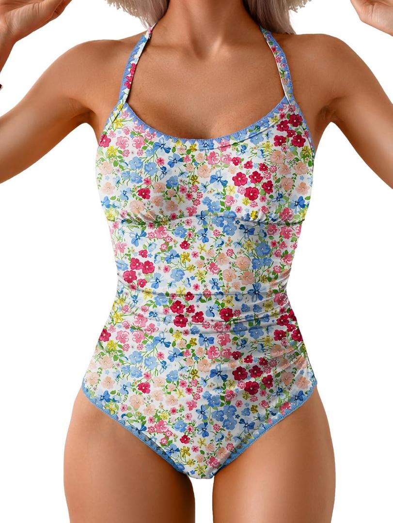 Eomenie Women's One Piece Swimsuit Tummy Control Slimming Bathing Suit Ruched Swimwear Tie Back Shell Stitch Swim Suit (Medium, Pink Floral)
