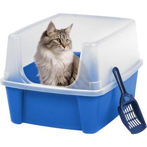 IRIS USA Large Cat Litter Box with Scatter Shield and Scoop, Open Top High Sided Cat Litter Pan, Blue