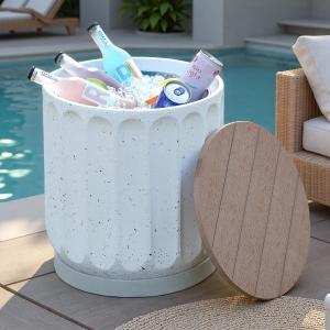 Outdoor Cooler Side Table with Wheels, Patio Table with Stainless Steel Ice Chest Storage Bucket, Designed for Use as Party Side Table, White