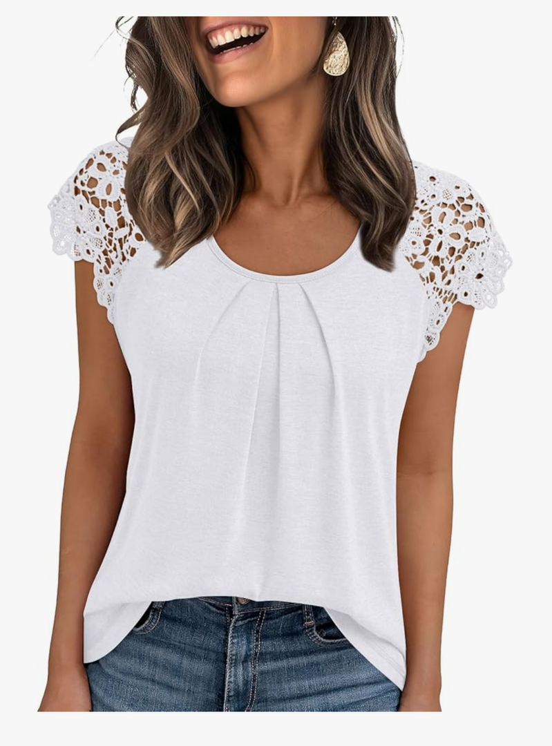 AUTOMET Womens Lace Tops Pleated Short Sleeve Shirts Summer Business Casual Dressy Blouses, White, Size M