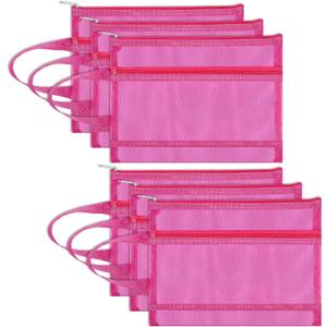 6 Pack Mesh Zipper Pouch Bags, Double Layer Nylon Pouch with Handle for Office Travel Organization (Hot Pink, A5)