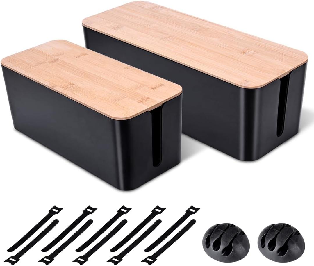 2 Pack Large Cable Management Box Wooden Style Cord Organizer Box and Cover for TV Wires, Computer, Router, USB Hub and Under Desk Power Strip Safe ABS Material and Baby-Pets Proof Lock (Black)