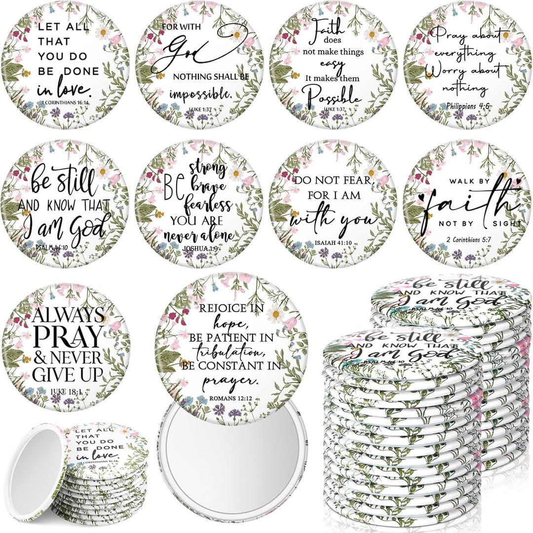 40 Pcs Christian Compact Mirrors Bulk for Women Wildflower Bible Verse Pocket Purse Mirrors Inspirational Religious Scripture Gift for Mom Women Coworkers Church Valentine Party Favor