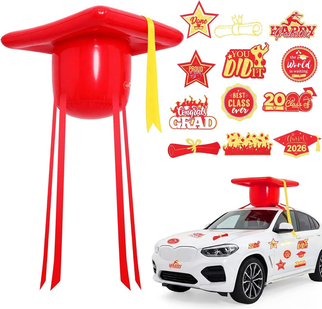 Graduation Car Decorations Kit for Class of 2026 Large Inflatable PVC 20 Inch Graduation Cap and 18 Pcs Grad Magnet Sticker for 2026 Grad Prom Party Golf Cart Decor (Red)