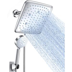 Veken 9 Inch High Pressure Rain Shower Heads with 3 Modes and 5 Modes Handheld Spray Combo- Wide Square RainFall shower with 70" Hose - Adjustable Dual Showerhead with Anti-Clog Nozzles-Chrome