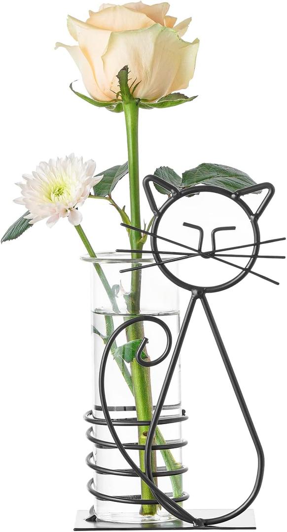 Marbrasse Desktop Glass Planter Hydroponics Vase,Planter Bulb Vase with Holder for Home Decoration,Modern Creative Cat Plant Terrarium Stand, Scindapsus Container (Lovely Cat) (A101-shuipei003)