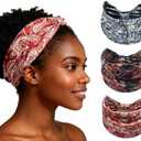 XEF Headbands for Women Bohemian Wide Floral Thick Hair Band No Slip Gym Elastic Twist Knot Athletic Headband Sweatbands Fashion Hair Accessories for Teen Girls 3 Pcs