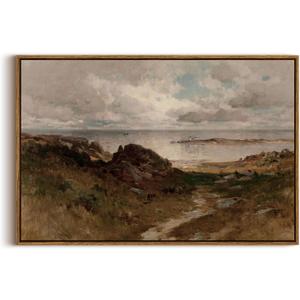 InSimSea Framed Canvas Wall Art Vintage Decor, Seaside Path Wilderness Landscape Paintings Artwork, Large Prints, Vintage Hanging Wall Decorations for Living Room Bedroom Bathroom, 20"x30" (Massachusetts Coast)