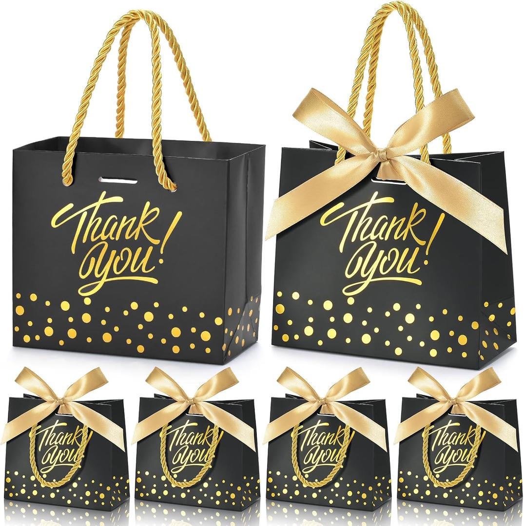 EQOREIIN Small Thank You Gift Bags 50pcs 5.5x2.5x4.7 Inches Small Gift Bags with Handles Bow Ribbon Black Paper Bags for Party Favor, Mother's DayValentine's Day, Wedding, Baby Shower (Black)