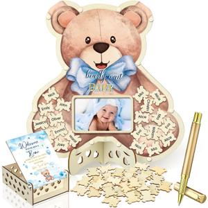Wenqik 63 Pcs Bear Baby Shower Guest Book Alternatives Set Baby Shower Decorations with Photo Frame Sonogram Frame Keepsake 60 Wood Slices Guest Book for Birthday