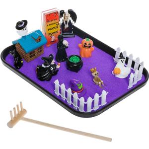 Halloween Zen Garden Kit with Inspirational Sign Haunted House Mini Zen Garden Decorative Trays Home Office Desk Decor Stress Relief Gift Includes All Accessories