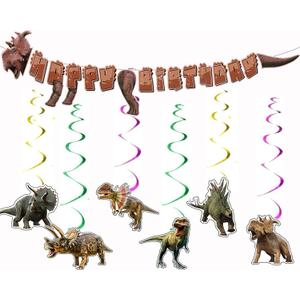 3 x Dinosaur Birthday Party Supplies - Dinosaurs Theme Party Banner and Hanging Swirl for Girls Birthdays Party Decorations, Children Love the Magical "Happy Birthday" Banner Very Much (Dinosaur-2)