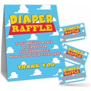Diaper Raffle Game Kit For Baby Shower(1 Standing Sign + 50 Tickets) - Blue Sky & Cloud Theme - Gender Reveal, Baby Announcement Party Supplies & Decoration - B15