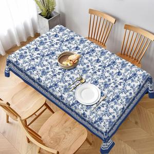 Blue Floral Tablecloth Rectangle 60x120 Inch Vintage Navy Blue Floral Tablecloth Polyester Fabric Spring Summer Boho Flowers Table Cover for Home Holiday Party Dining Picnic Outdoor Decor