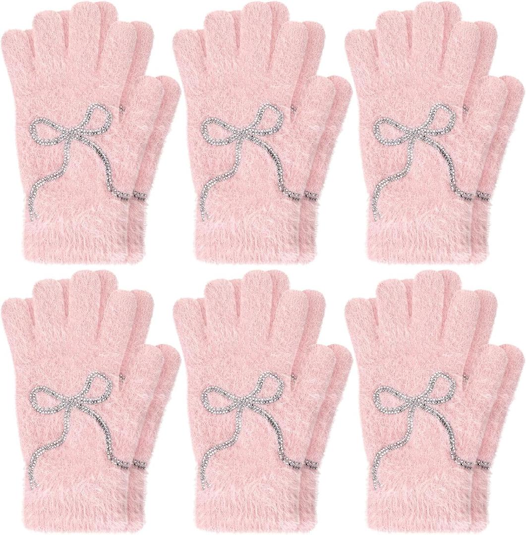Faux Mink Gloves Women Winter Pink Bow White Warm Fuzzy Full Finger Gloves Coquette Mittens for Women Valentine Gift (Pink)