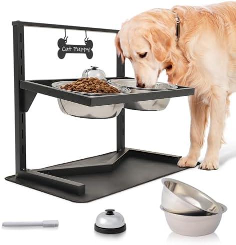 Grand Line Elevated Dog Bowls - 7 Height Adjustable, 10 Tilted Raised Stand With Spill Proof Mat, Two 1.5L Stainless Steel Food Water Bowls for Large Medium Small Dogs (15.4" H)