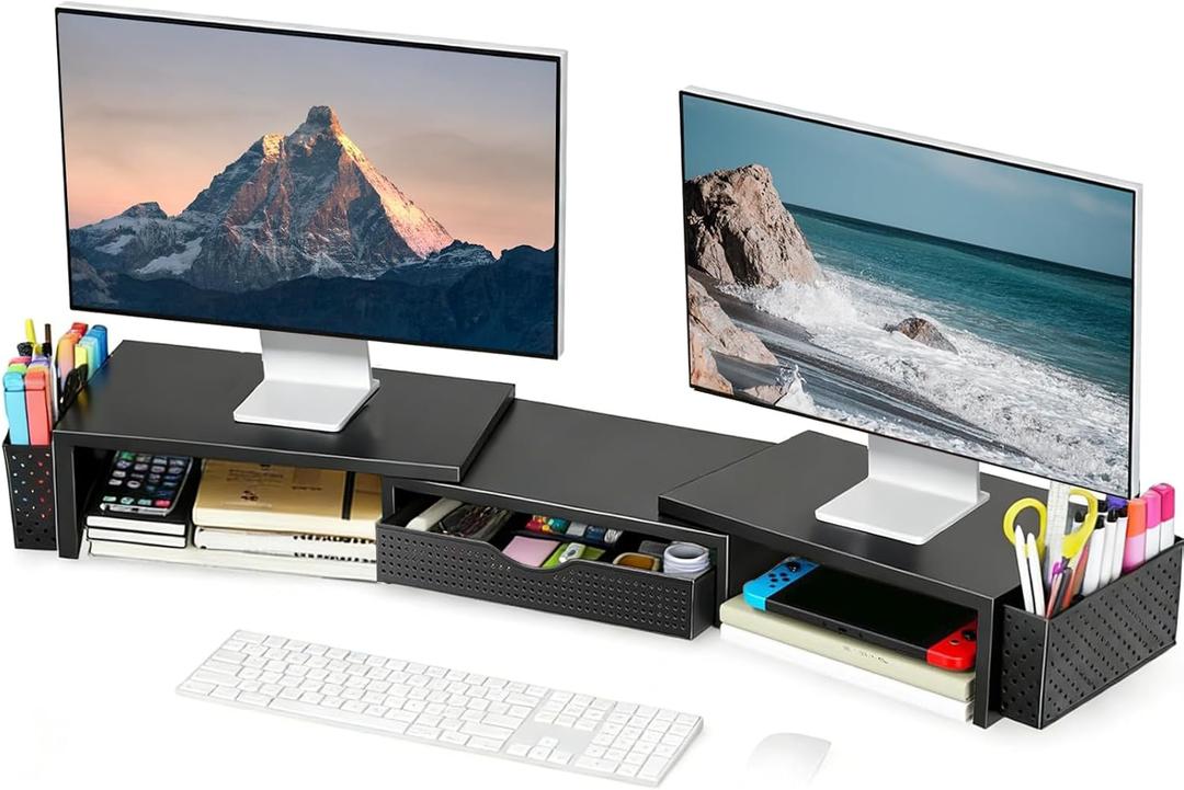 Spacrea Metal Desk Organizers and Accessories, Dual Monitor Stand Riser with Drawer and 2 Pen Holders, Desk Accessories & Workspace Desktop Organizers for Office Supplies (Black)