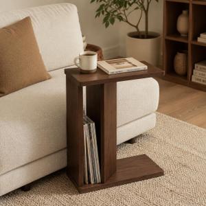 C Shaped End Table for Couch,Narrow Side Table with Storage Shelf