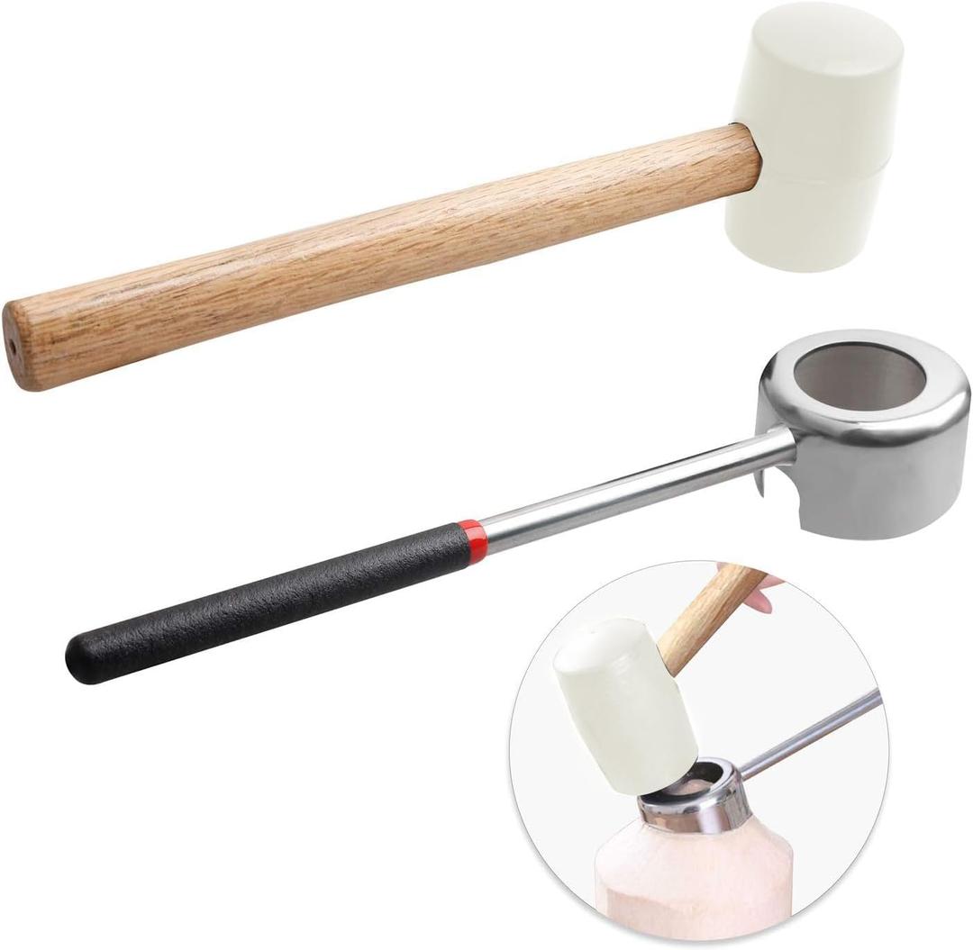 Coconut Opener Tools with Hammer, Super Safe & Easy to Open Young Coconuts Tool, Food Grade Stainless Steel Coconut Opener Set, Rubber Mallet with Handle(White)
