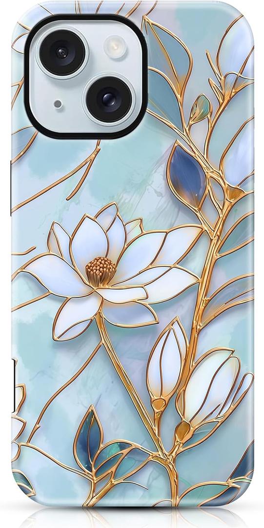 for iPhone 15 Case, Stained Glass Floral Flower Vintage Design Cover, Elegant Glossy Aesthetic Hybrid 2-Layer Hard Shell Shockproof Phone Case for Girls Women 6.1", Blue Flowers