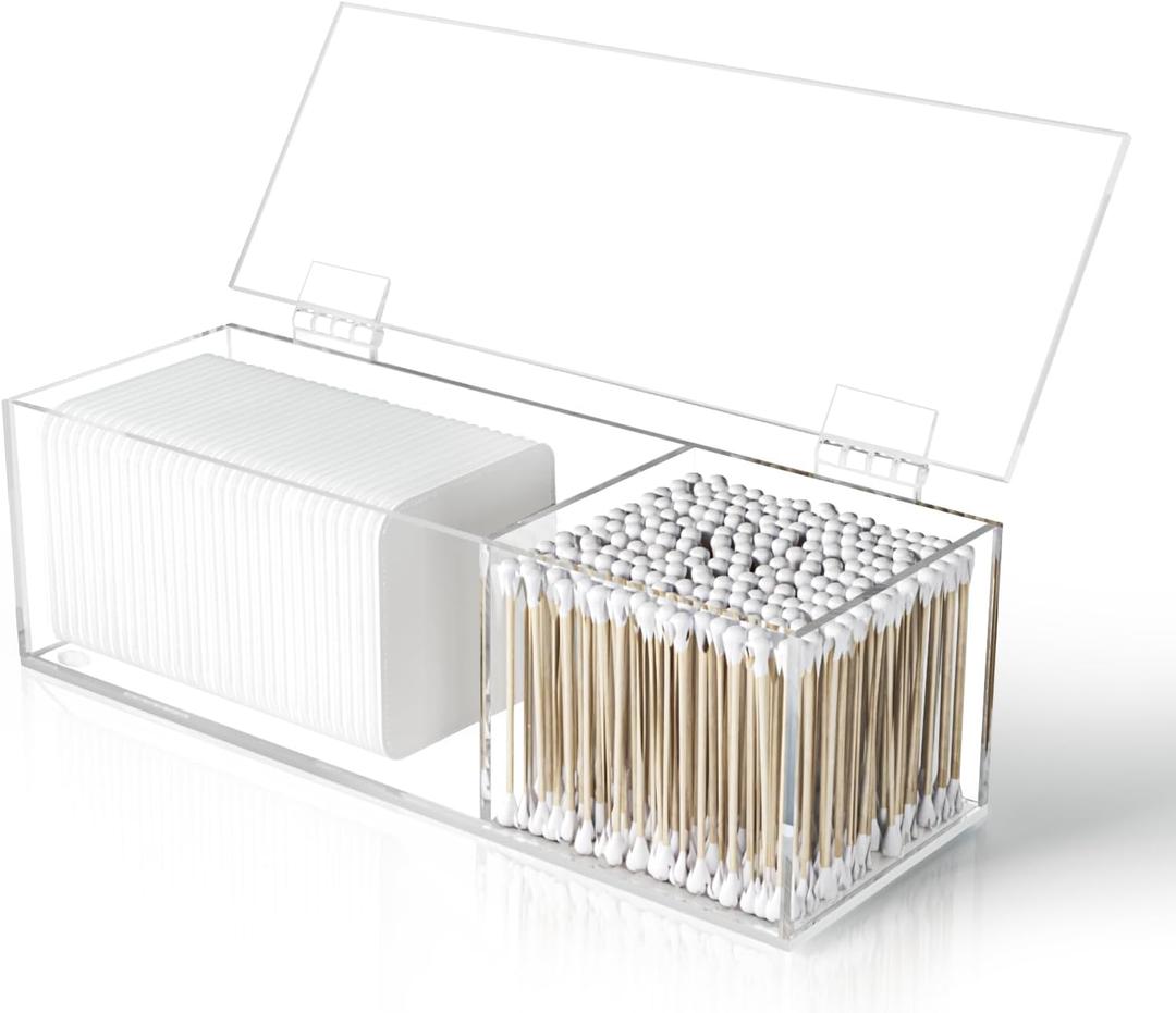 Clear Acrylic Qtip Holder for Clean Skin Club Clean Pads Clean Towels Box, 2-Compartment Cotton Pad and Swab Dispenser with Flip-Top Lid, Cotton Round Organizer for Bathroom Vanity Countertop
