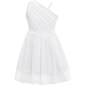 Batermoon Girls One Shoulder Dress Summer Party Graduation Semi Formal Short Dresses (White), 160