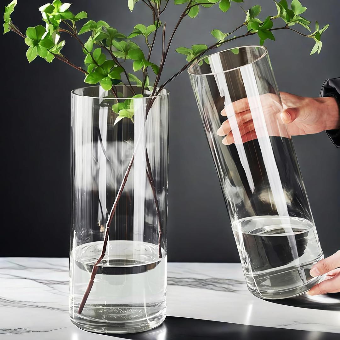 3 Acrylic Cylinder Clear Vase for Centerpieces, Tall Large Unbreakable Plastic Flower Vases for Home Decor (D 4.8" X H 7.8" - H 12" + 2 Holder)