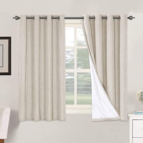 H.VERSAILTEX Linen Blackout Curtains 54 Inches Long 100% Blackout Thermal Insulated Textured Linen Look Curtain Draperies Anti-Rust Grommet, Energy Saving with White Liner, 2 Panels, Natural