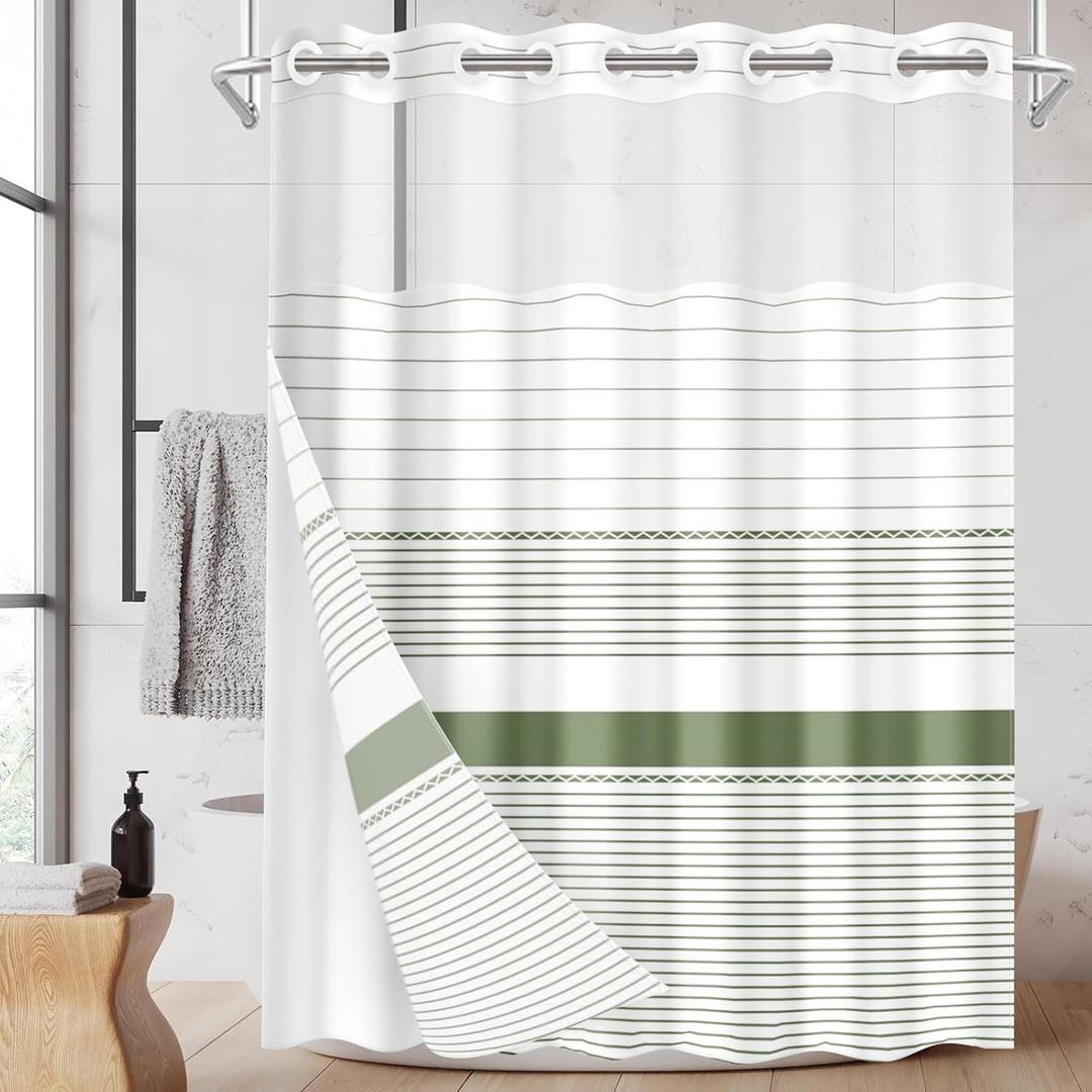 No Hook Boho Shower Curtain with Snap in Fabric Liner Set, Sage Green and White Striped Modern Double Layers Waterproof Fabric with See Through Top Window Open Grommet Bath Curtain 71x74 Inch
