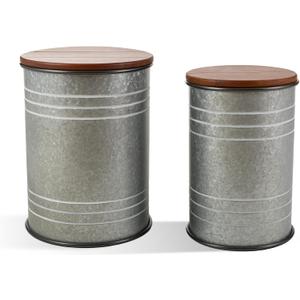 Glitzhome Rustic End Table Set of 2, Farmhouse Galvanized Metal Barrel Ottoman Storage Stool with Round Wood Lid for Living Room Furniture, Grey, Large and Small
