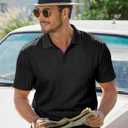 JMIERR Mens Casual Polo Shirt Summer Short Sleeve Vacation Button Beach Knit Stretchy Golf Shirts (Black, XL)