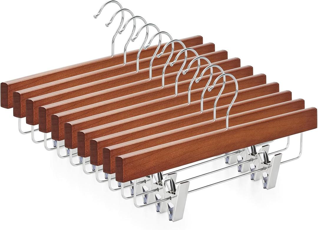 TOPIA HANGER Lotus Wood Pants Hangers, Walnut Wooden Skirt Short Jeans Trouser Hanger with Smooth Surface 360 Swivel Hook Anti Rust 2 Adjustable Clips, 10 Pack CT10PWA