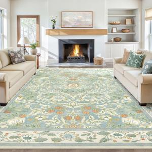 Tortania Area Rug Living Room Rugs: 8x10 Washable Vintage Floral Oriental Farmhouse Large Thin Indoor Carpet for Bedroom Under Dining Table Home Office - Green/Beige