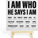 Christian Decor Wooden Sign, Christian Baptism Gifts for Women Men, Faith Religious Scripture Decor, God Decorations for Home Office Bedroom, Bible Verse Desk Decoration, I Am Who He Says