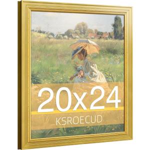 20x24 Wood Picture Frame, HD Plexiglass 20x24 Ornate Natural Wooden Vintage Photo Frame, 20 by 24 Painting Poster Frame with Gold Border and Distressed Rust-Like Finish for Art, Tabletop or Wall Decor (1 Pack）