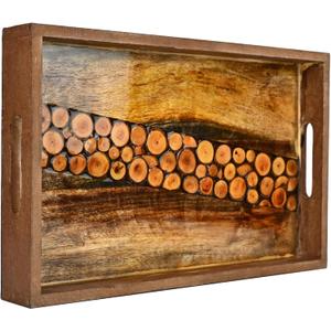 16 Inch Wooden Serving Tray with Handles Premium Engraved Solid Wood Tray for Coffee Table Ottoman Kitchen Counter & Farmhouse Home Dcor Rustic Decorative Entertaining Platter