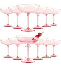 HKSZEH 12 PCS Ribbed Coupe Glasses Pink Plastic Champagne Coupe Cup 10oz Detachable Gold Rim Espresso Martini Glass Vintage Margarita Glassware Cocktail Glass for Wedding Bachelorette Party