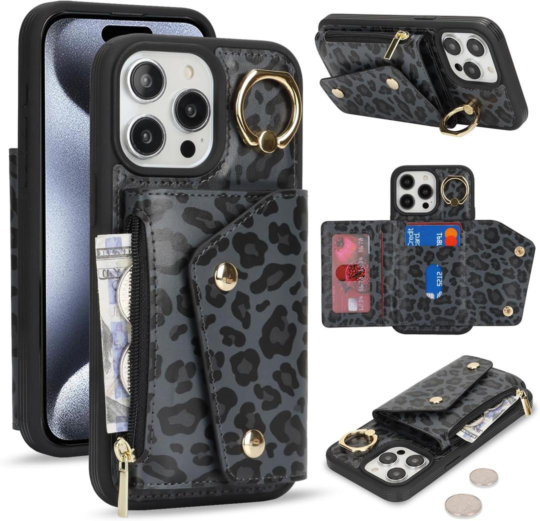 for iPhone 13 Pro Max/iPhone 12 Pro Max Case Wallet with Card Holder - Zipper Pocket,Card Slots,RFID Blocking,Stand Ring,PU Leather Double Snap Cover for Women(Black Leopard,6.7 Inch) (iPhone 13 Pro Max / 12 Pro Max 6.7")