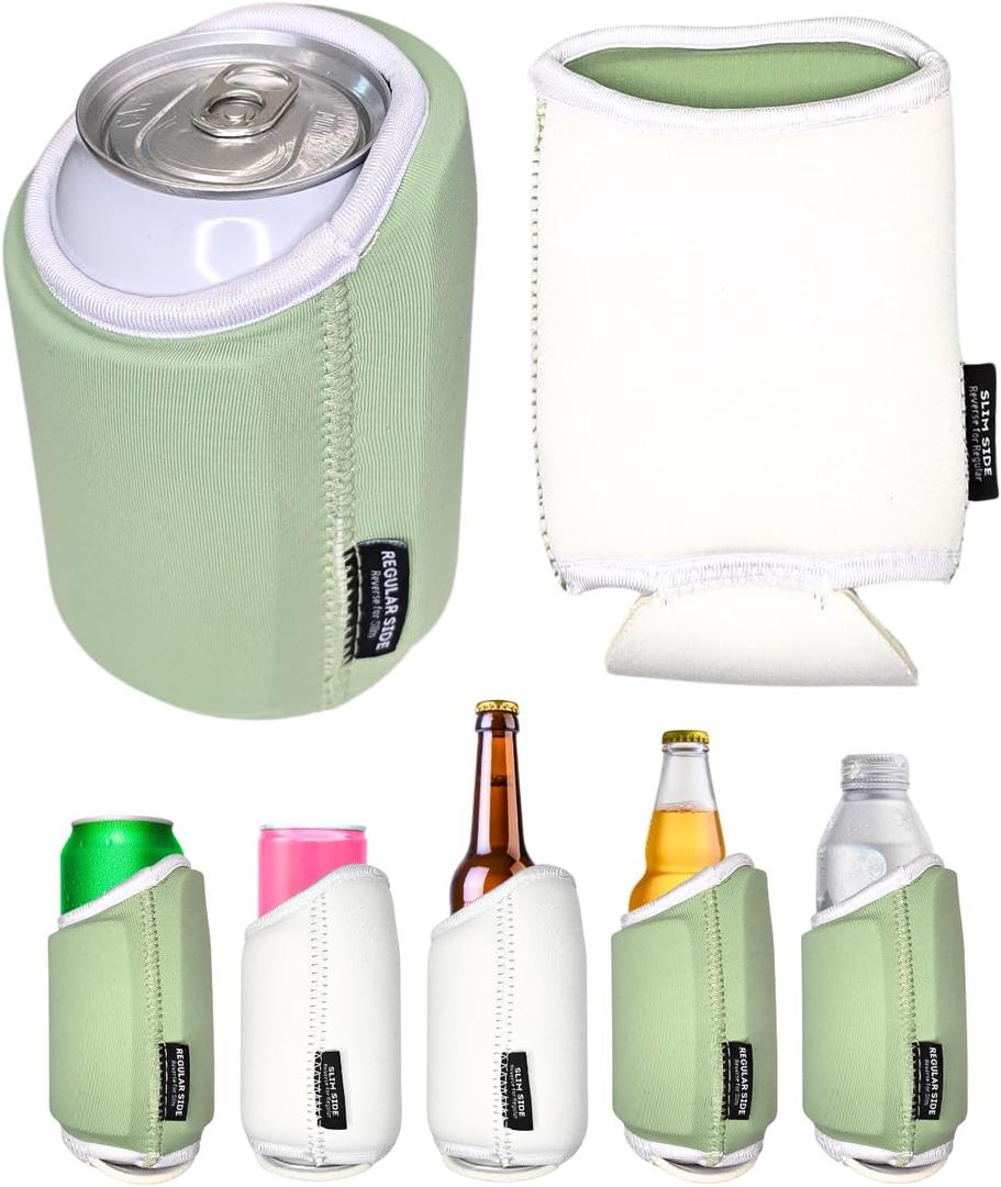 TahoeBay Universal Blank Can Coolers (8-Pack) Neoprene 4 in 1 Insulated Sleeves Fits 12 oz Beer Cans and Bottles, Slim, 16oz Drinks, Water, Blanks for Sublimation, Vinyl, DTF (Sage/White)