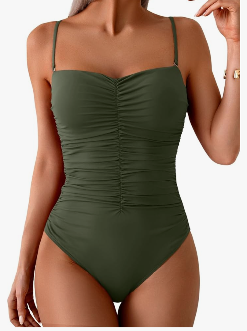 One Piece Swimsuit for Women Ruched Tummy Control Bathing Suit Push Up Slimming Swimwear, L
